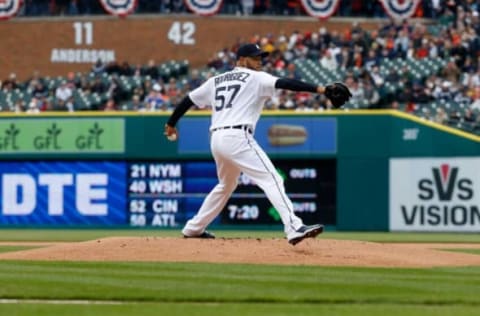 Detroit Tigers pitcher Eduardo Rodriguez throws the first pitch of the season against the Chicago White Sox at Comerica Park in Detroit on Friday, April 8, 2022.