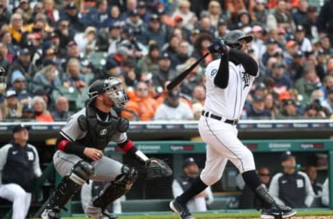 Tigers third baseman Jeimer Candelario flies out against White Sox pitcher Lucas Giolito during the first inning on Friday, April 8, 2022, at Comerica Park.