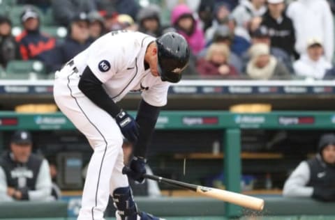 Tigers first baseman Spencer Torkelson reacts after striking out against White Sox pitcher Aaron Bummer during the ninth inning of the Tigers’ 5-2 loss on Saturday, April 9, 2022, at Comerica Park.