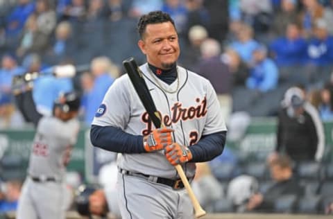 Apr 14, 2022; Kansas City, Missouri, USA; Detroit Tigers designated hitter Miguel Cabrera (24) looks on before the first inning against the Kansas City Royals at Kauffman Stadium. Mandatory Credit: Peter Aiken-USA TODAY Sports