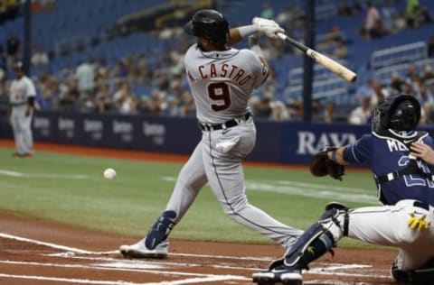 May 18, 2022; St. Petersburg, Florida, USA; Detroit Tigers shortstop Willi Castro (9) singles during the first inning against the Tampa Bay Rays at Tropicana Field. Mandatory Credit: Kim Klement-USA TODAY Sports