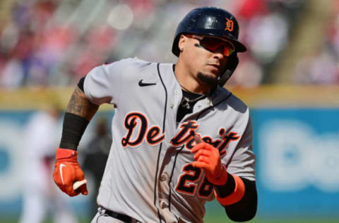 May 22, 2022; Cleveland, Ohio, USA; Detroit Tigers shortstop Javier Baez (28) rounds the bases after hitting a home run during the eighth inning against the Cleveland Guardians at Progressive Field. Mandatory Credit: Ken Blaze-USA TODAY Sports