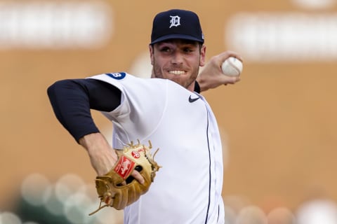 Detroit Tigers starting pitcher Joey Wentz (43) pitches during the first inning against the Minnesota Twins at Comerica Park. (Raj Mehta-USA TODAY Sports)