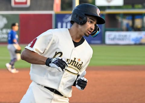 Visalia Rawhide’s Jordan Lawlar rounds third Friday, April 8 on a home run against Rancho Cucamonga Quakes at Valley Strong Stadium.Syndication Arizona Republic