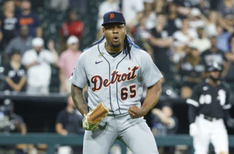 Jul 7, 2022; Chicago, Illinois, USA; Detroit Tigers relief pitcher Gregory Soto (65) celebrates teams win against the Chicago White Sox at Guaranteed Rate Field. Mandatory Credit: Kamil Krzaczynski-USA TODAY Sports