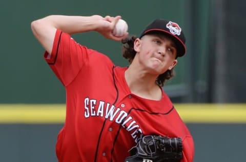 Erie SeaWolves starting pitcher Reese Olson throws against the Reading Fightin’ Phils at UPMC Park in Erie on July 26, 2022.P4seawolves072622