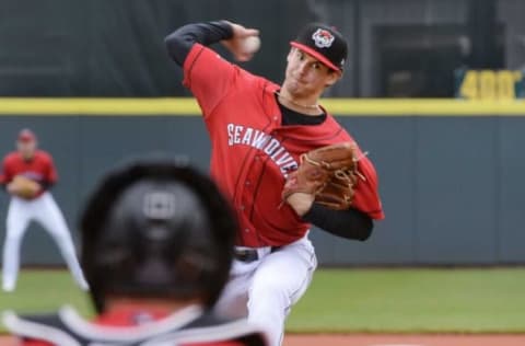 Erie SeaWolves pitcher Austin Bergner throws against the Altoona Curve at UPMC Park in Erie on May 6, 2022.P4seawolves050622