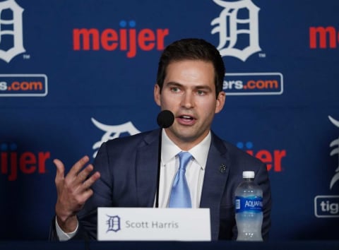 Tigers’ new president of baseball operations, Scott Harris, speaks during his introductory news conference Tuesday, September 20th, 2022, at Comerica Park in downtown Detroit.