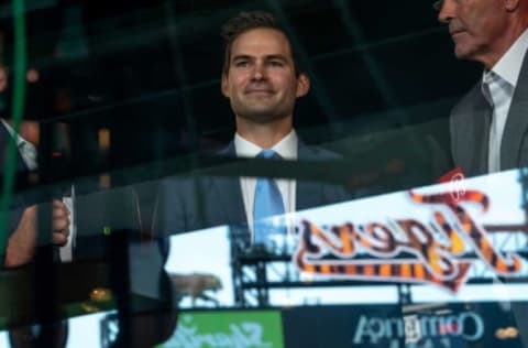 Tigers president of baseball operations Scott Harris is interviewed after his introductory news conference Tuesday, Sept. 20, 2022 at Comerica Park in downtown Detroit.