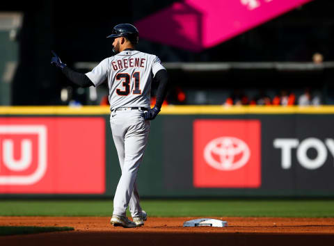 Detroit Tigers center fielder Riley Greene (31) gestures after hitting an RBI double against the Seattle Mariners during the third inning at T-Mobile Park. (Lindsey Wasson-USA TODAY Sports)