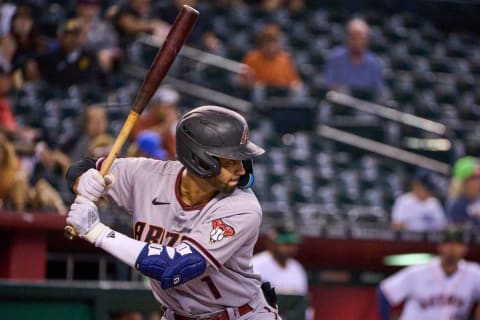 Oct 15, 2022; Phoenix, AZ, USA; Salt River Rafters infielder Jordan Lawlar (1) stands at bat against the Surprise Saguaros at Chase Field. Mlb Dbacks Fall League Prospects (Arizona Republic)