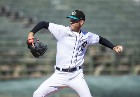 Oct 22, 2022; Phoenix, Arizona, USA; Detroit Tigers pitcher Joey Wentz plays for the Salt River Rafters during an Arizona Fall League baseball game at Phoenix Municipal Stadium. Mandatory Credit: Mark J. Rebilas-USA TODAY Sports