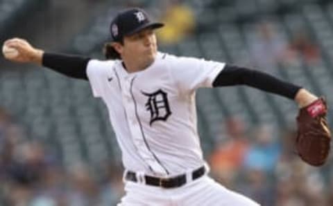 Sep 11, 2021; Detroit, Michigan, USA; Detroit Tigers starting pitcher Casey Mize (12) throws during the first inning against the Tampa Bay Rays at Comerica Park. Mandatory Credit: Raj Mehta-USA TODAY Sports