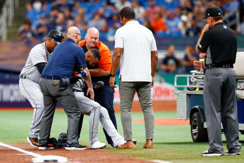 Sep 18, 2021; St. Petersburg, Florida, USA; Detroit Tigers center fielder Derek Hill (54) is carted off the field after being injured during a play at first base in the fifth inning against the Tampa Bay Rays at Tropicana Field. Mandatory Credit: Nathan Ray Seebeck-USA TODAY Sports