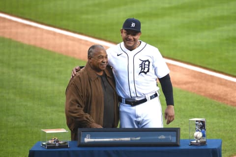 Miguel Cabrera (24) hugs fellow Detroit Tigers legend Willie Horton during a pre-game ceremony at Comerica Park in September 2021. Mandatory Credit: Tim Fuller-USA TODAY Sports