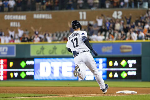 Detroit Tigers left fielder Austin Meadows rounds first base with a RBI triple during the ninth inning against the Colorado Rockies at Comerica Park. (Raj Mehta-USA TODAY Sports)