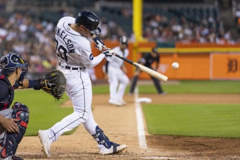 Jul 5, 2022; Detroit, Michigan, USA; Detroit Tigers first baseman Spencer Torkelson (20) grounds into a fielders choice and gets a RBI during the sixth inning against the Cleveland Guardians at Comerica Park. Mandatory Credit: Raj Mehta-USA TODAY Sports