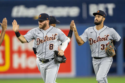 Jul 29, 2022; Toronto, Ontario, CAN; Detroit Tigers left fielder Robbie Grossman (8) celebrates with teammates after defeating the Toronto Blue Jays at Rogers Centre. Mandatory Credit: Kevin Sousa-USA TODAY Sports