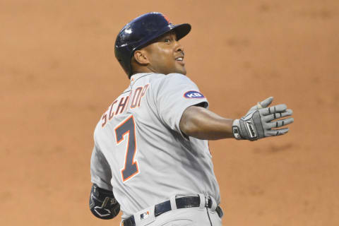 Aug 15, 2022; Cleveland, Ohio, USA; Detroit Tigers second baseman Jonathan Schoop (7) celebrates his solo home run in the sixth inning against the Cleveland Guardians at Progressive Field. Mandatory Credit: David Richard-USA TODAY Sports