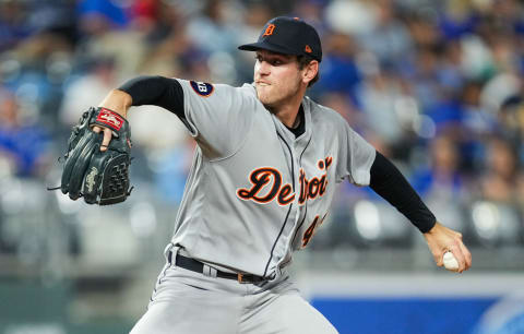 Sep 9, 2022; Kansas City, Missouri, USA; Detroit Tigers starting pitcher Joey Wentz (43) pitches against the Kansas City Royals during the fifth inning at Kauffman Stadium. Mandatory Credit: Jay Biggerstaff-USA TODAY Sports