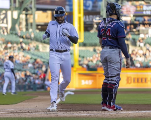 Oct 1, 2022; Detroit, Michigan, USA; Detroit Tigers center fielder Riley Greene (31) touches home plate in the first inning against the Minnesota Twins at Comerica Park. Mandatory Credit: David Reginek-USA TODAY Sports