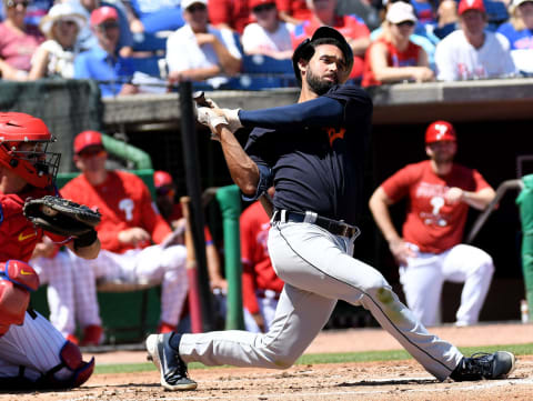 Riley Greene swings at a pitch against the Philadelphia Phillies. Jonathan Dyer-USA TODAY Sports