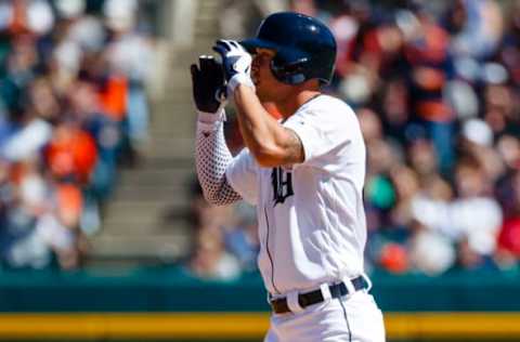 Apr 8, 2017; Detroit, MI, USA; Detroit Tigers center fielder JaCoby Jones (40) celebrates after he hits a double in the fifth inning against the Boston Red Sox at Comerica Park. Mandatory Credit: Rick Osentoski-USA TODAY Sports