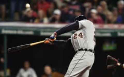 Apr 14, 2017; Cleveland, OH, USA; Detroit Tigers first baseman Miguel Cabrera (24) hits a three run home run during the fifth inning against the Cleveland Indians at Progressive Field. Mandatory Credit: Ken Blaze-USA TODAY Sports