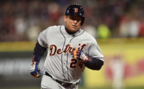 Apr 14, 2017; Cleveland, OH, USA; Detroit Tigers first baseman Miguel Cabrera (24) rounds the bases after hitting a home run during the fifth inning against the Cleveland Indians at Progressive Field. Mandatory Credit: Ken Blaze-USA TODAY Sports