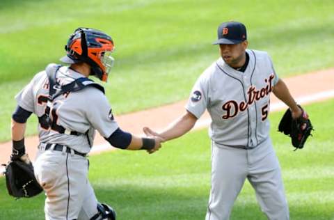 Apr 16, 2017; Cleveland, OH, USA; Detroit Tigers catcher Alex Avila (31) and relief pitcher Francisco Rodriguez (57) celebrate a 4-1 win over the Cleveland Indians at Progressive Field. Mandatory Credit: David Richard-USA TODAY Sports