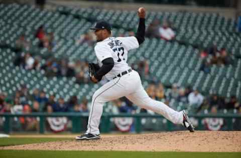 Apr 13, 2017; Detroit, MI, USA; Detroit Tigers pitcher Joe Jimenez pitches in the ninth inning against the Minnesota Twins at Comerica Park. Mandatory Credit: Rick Osentoski-USA TODAY Sports