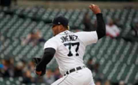 Apr 13, 2017; Detroit, MI, USA; Detroit Tigers pitcher Joe Jimenez pitches in the ninth inning against the Minnesota Twins at Comerica Park. Mandatory Credit: Rick Osentoski-USA TODAY Sports