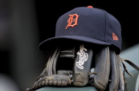 Apr 21, 2017; Minneapolis, MN, USA; A detailed view of a Detroit Tigers hat sitting on top of a glove in the dugout before a game between the Detroit Tigers and Minnesota Twins at Target Field. Mandatory Credit: Jesse Johnson-USA TODAY Sports