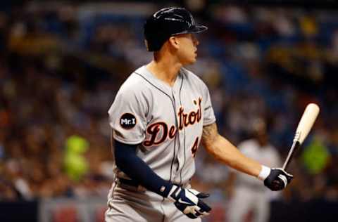 Apr 18, 2017; St. Petersburg, FL, USA; Detroit Tigers center fielder JaCoby Jones (40) at bat at Tropicana Field. Mandatory Credit: Kim Klement-USA TODAY Sports