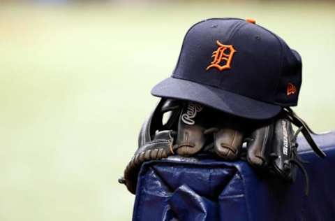 Apr 19, 2017; St. Petersburg, FL, USA; A Detroit Tigers hat and glove lay in the dugout at Tropicana Field. Mandatory Credit: Kim Klement-USA TODAY Sports