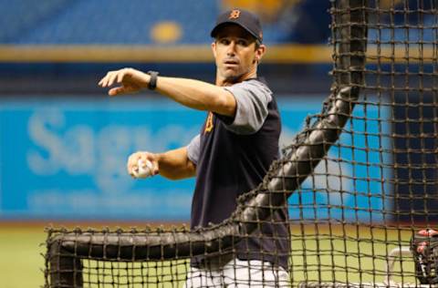 Apr 18, 2017; St. Petersburg, FL, USA; Detroit Tigers manager Brad Ausmus (7) throws batting practice prior to the game against the Tampa Bay Rays at Tropicana Field. Mandatory Credit: Kim Klement-USA TODAY Sports