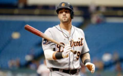 Apr 20, 2017; St. Petersburg, FL, USA;Detroit Tigers third baseman Nicholas Castellanos (9) at bat against the Tampa Bay Rays during the first inning at Tropicana Field. Mandatory Credit: Kim Klement-USA TODAY Sports