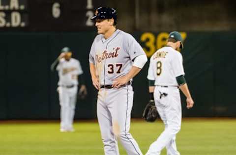 May 5, 2017; Oakland, CA, USA; Detroit Tigers right fielder Jim Adduci (37) stands on second base after hitting a double against the Oakland Athletics during the eighth inning at Oakland Coliseum. Mandatory Credit: Kelley L Cox-USA TODAY Sports