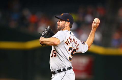 May 9, 2017; Phoenix, AZ, USA; Detroit Tigers pitcher Justin Verlander throws in the second inning against the Arizona Diamondbacks at Chase Field. Mandatory Credit: Mark J. Rebilas-USA TODAY Sports