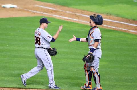 May 9, 2017; Phoenix, AZ, USA; Detroit Tigers pitcher Justin Wilson (left) celebrates with catcher James McCann after defeating the Arizona Diamondbacks at Chase Field. Mandatory Credit: Mark J. Rebilas-USA TODAY Sports