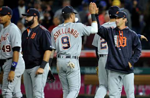 May 11, 2017; Anaheim, CA, USA; Detroit Tigers manager Brad Ausmus (7) and the Tigers celebrate the victory against the Los Angeles Angels at Angel Stadium of Anaheim. Mandatory Credit: Gary A. Vasquez-USA TODAY Sports