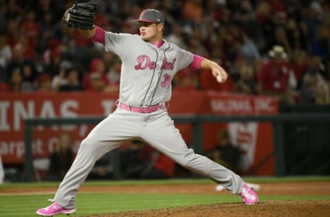 May 13, 2017; Anaheim, CA, USA; Detroit Tigers pitcher Justin Wilson (38) pitches against the Los Angeles Angels during the ninth inning at Angel Stadium of Anaheim. Mandatory Credit: Kelvin Kuo-USA TODAY Sports