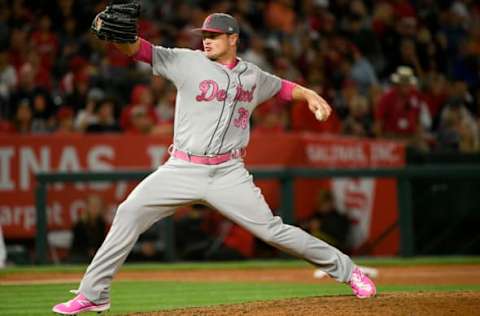 May 13, 2017; Anaheim, CA, USA; Detroit Tigers pitcher Justin Wilson (38) pitches against the Los Angeles Angels during the ninth inning at Angel Stadium of Anaheim. Mandatory Credit: Kelvin Kuo-USA TODAY Sports