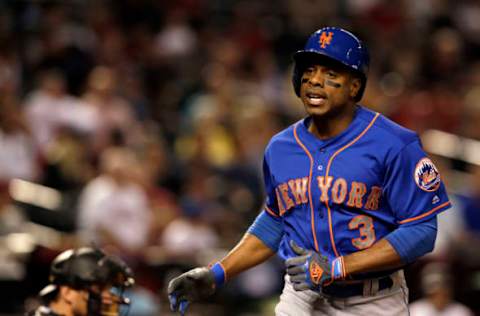 May 16, 2017; Phoenix, AZ, USA; New York Mets center fielder Curtis Granderson (3) reacts after hitting a solo homerun against the Arizona Diamondbacks in the fifth inning at Chase Field. Mandatory Credit: Rick Scuteri-USA TODAY Sports