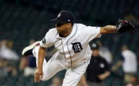 May 16, 2017; Detroit, MI, USA; Detroit Tigers relief pitcher Francisco Rodriguez (57) pitches in the 13th inning against the Baltimore Orioles at Comerica Park. Mandatory Credit: Rick Osentoski-USA TODAY Sports