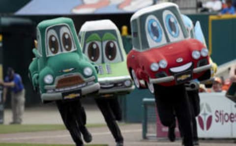 May 18, 2017; Detroit, MI, USA; Motor City Wheels Mascot Race takes place during the fourth inning of the game between the Detroit Tigers and the Baltimore Orioles at Comerica Park. Mandatory Credit: Rick Osentoski-USA TODAY Sports