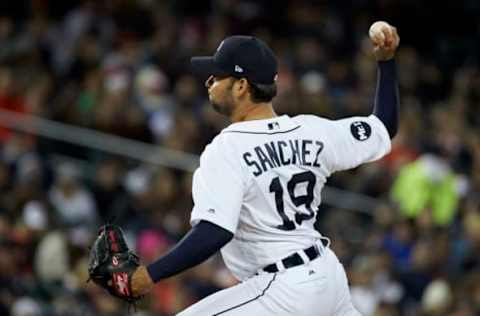 May 19, 2017; Detroit, MI, USA; Detroit Tigers relief pitcher Anibal Sanchez (19) throws the ball in the seventh inning against the Texas Rangers at Comerica Park. Mandatory Credit: Rick Osentoski-USA TODAY Sports