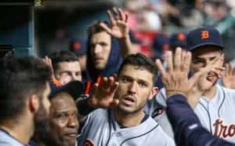 May 24, 2017; Houston, TX, USA; Detroit Tigers second baseman Ian Kinsler (3) celebrates in the dugout after scoring a run during the eighth inning against the Houston Astros at Minute Maid Park. Mandatory Credit: Troy Taormina-USA TODAY Sports