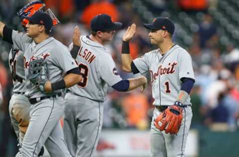 May 24, 2017; Houston, TX, USA; Detroit Tigers shortstop Jose Iglesias (1) celebrates with teammates after defeating the Houston Astros at Minute Maid Park. Mandatory Credit: Troy Taormina-USA TODAY Sports