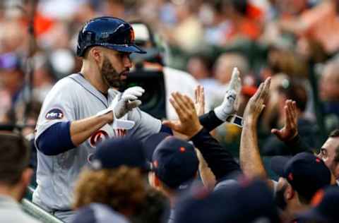 May 25, 2017; Houston, TX, USA; Detroit Tigers right fielder J.D. Martinez (28) celebrates in the dugout after hitting a home run during the fourth inning against the Houston Astros at Minute Maid Park. Mandatory Credit: Troy Taormina-USA TODAY Sports